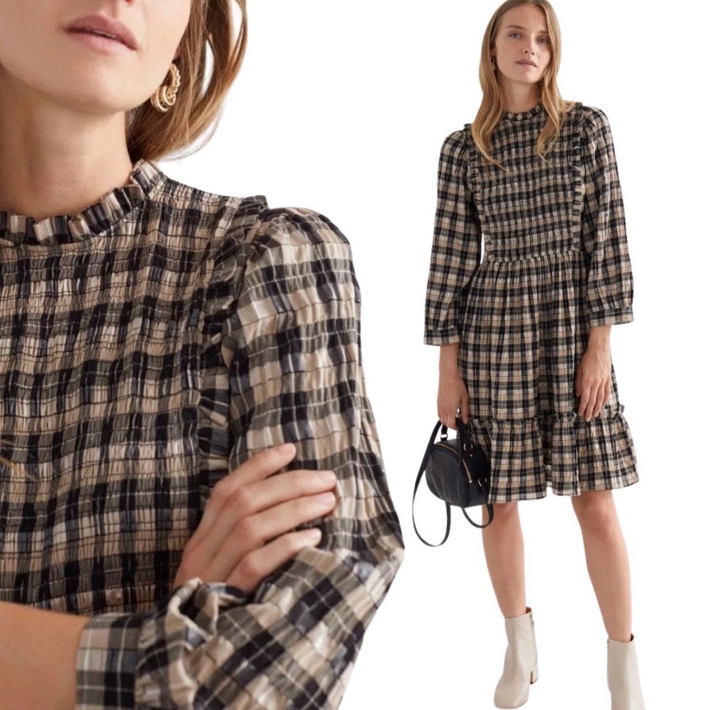 & Other Stories Plaid Printed Puff Sleeve Ruffle Dress